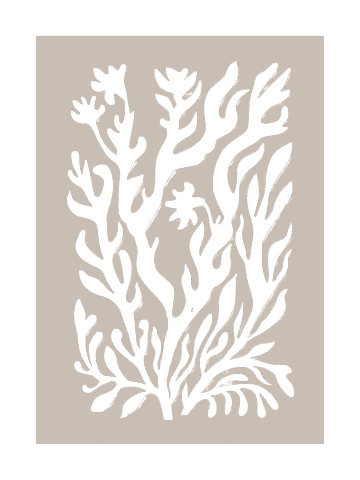 Poster with white botanical shapes on beige background, ideal for minimalist and boho wall art