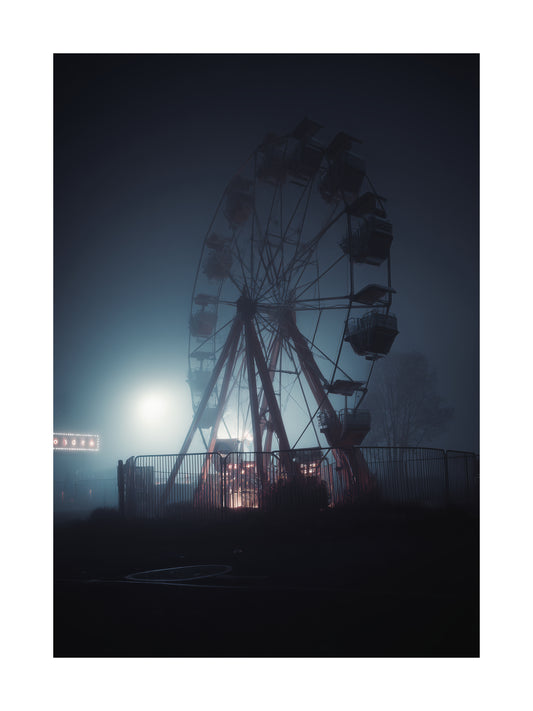 Abandoned Ferris wheel in foggy carnival Halloween poster