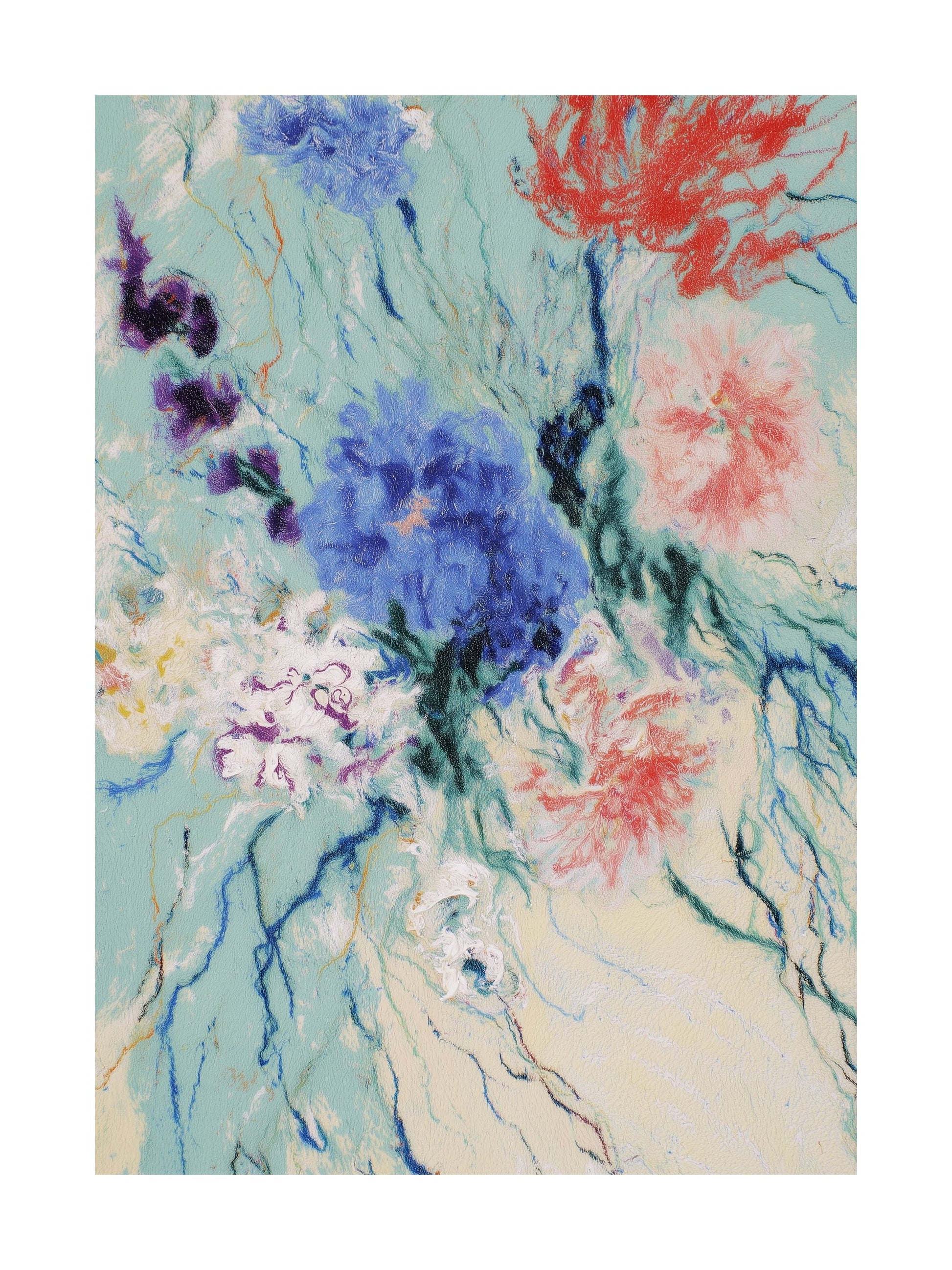 Abstract wildflowers in red, blue, and purple on a mint green background.