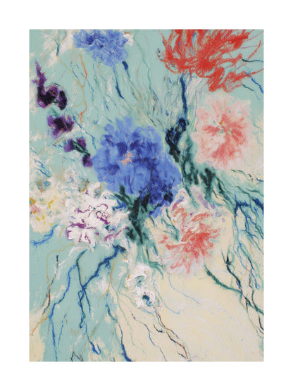 Abstract wildflowers in red, blue, and purple on a mint green background.